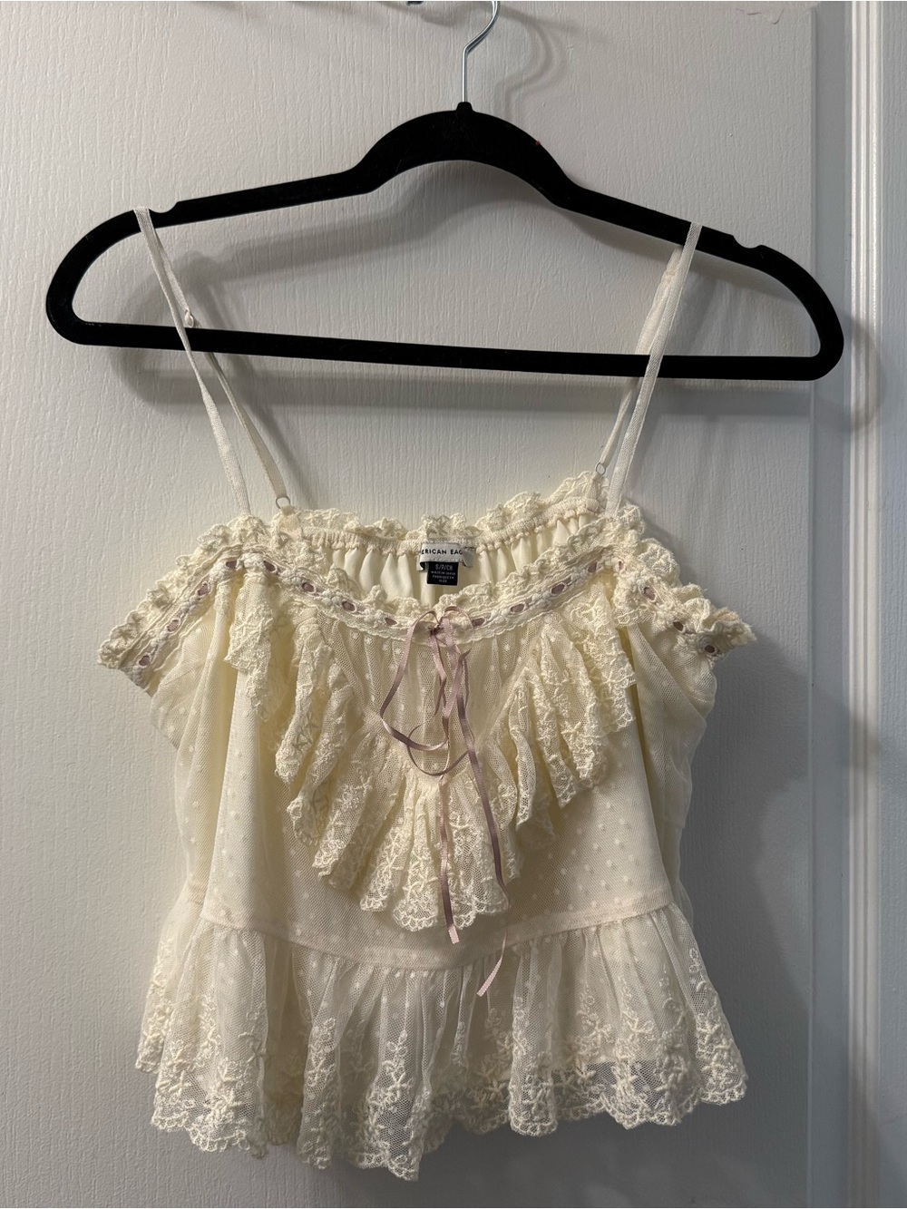 American Eagle Outfitters Ivory Lace Ruffle Cami with Pink Bow